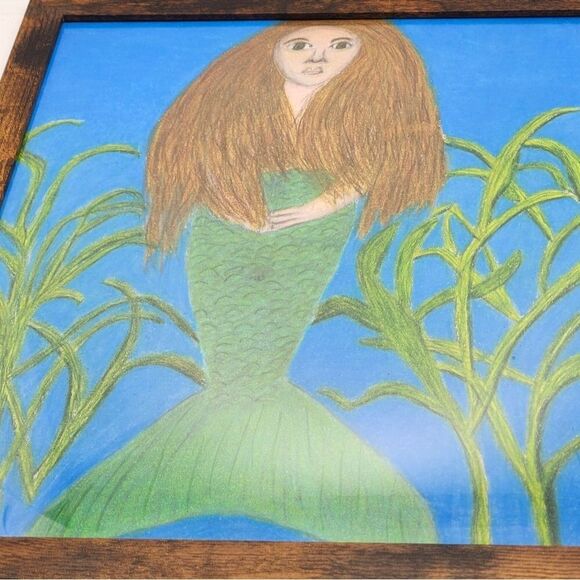 Handmade Framed Pencil Art Mermaid Colored Drawing 9x11 inch One of a Kind - Picture 4 of 9